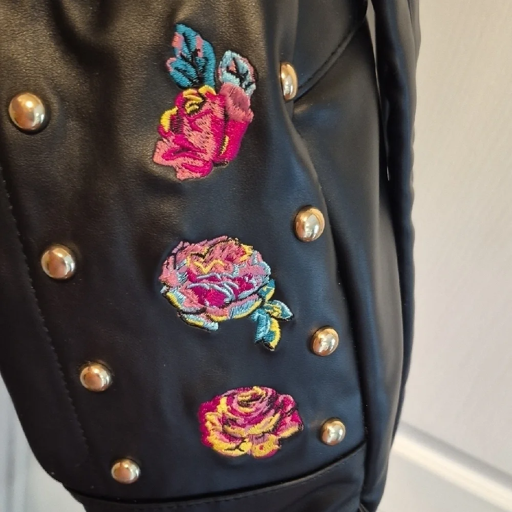 Betsey Johnson Black and White Embroidered Striped Backpack